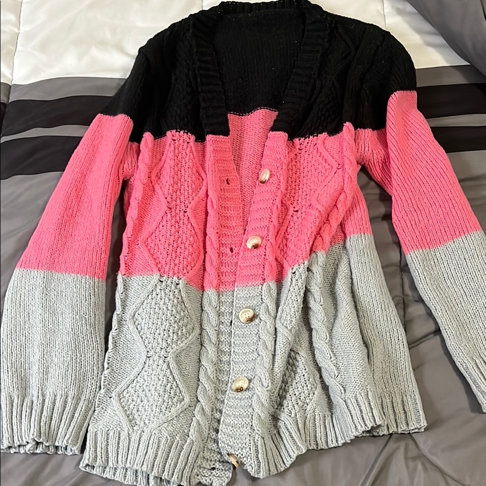 Chunky Knit Black and Pink Cardigan Sweater